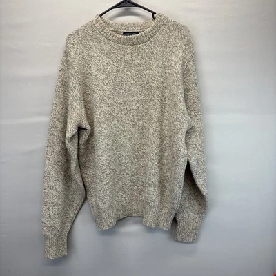 VTG Lands End Men L Long Sleeve Pull Over Crew Neck Wool Blend Beige Sweater USA - Image 1 of 4