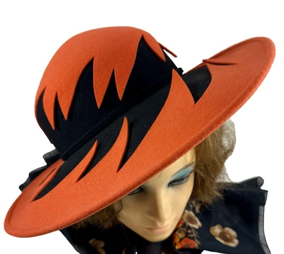 Vintage Orange & Black Wool Cutout Wide Brim B Michael Fashion Hat - Image 1 of 4