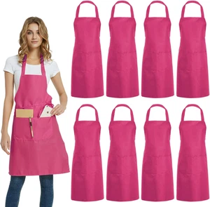 DUSKCOVE 8 Pack Bib Aprons Bulk - Unisex Pink Commercial Apron with 2 Pockets fo - Picture 1 of 12