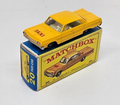Matchbox Lesney – 20c  Chevrolet Impala Taxi Cab    1965  SILVER BASE   (ID#370) - Image 1 of 4