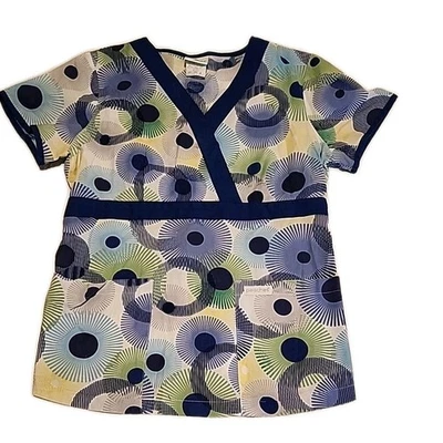 Peaches Blue Green Yellow Print Scrub Top Adjustable Tie Back 100% Cotton XS - Image 1 of 4