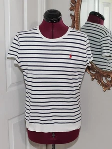 Ralph Lauren Sport Womens White Navy Striped Pima Cotton Knit Top SS Sz L - Picture 1 of 7