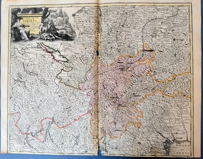 Mapa del Tirol 1718 Weigel “Comitatus Tirolis” Austria Italia Suiza Color a mano Foto 1 de 4