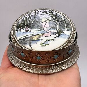 Big Vintage Vanity Face Puff Powder Box Compact Case Silver Plated Enamel Nature