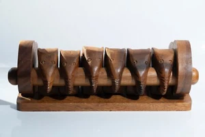 Vintage Wooden Hand Carved Elephant Napkin Rings With Display Holder Set Of Six - Picture 1 of 10