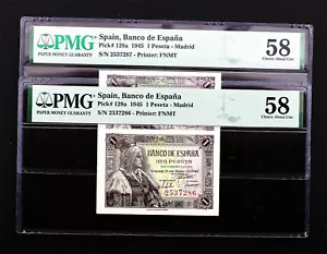 Spain-1 Peseta. Pareja correlativa sin serie 1945. Madrid. Encapsulados PMG58. - Picture 1 of 5