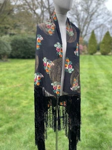 Vintage 1920s Black Gold Lamé Piano Shawl Scarf Floral Silk With Fringe Tassels - Picture 1 of 8