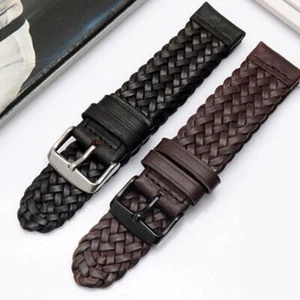 20mm 22mm 24mm Replacement Watch Band Genuine Leather Braided Strap Black Brown - Picture 1 of 11