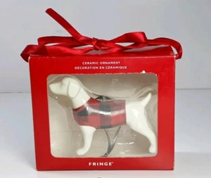 Hound Dog Red Plaid Sweater Sculpted Ceramic Christmas Ornament Fringe Rough Box - Picture 1 of 5