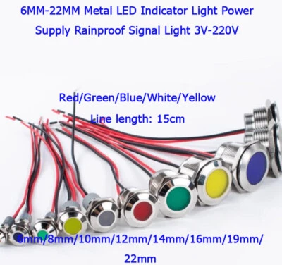 6mm-22mm  Metall LED Kontrollleuchte Netzteil Regenfest Signalleuchte 3V-220V - Image 1 of 4