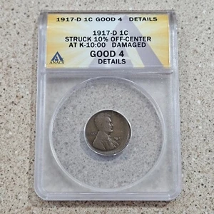 1917 D 1C Lincoln Wheat Penny Cent Mint Error Coin Struck 10% Off Center ANAC G4 - Picture 1 of 9