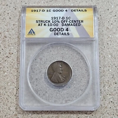 1917 年 D 版 1 美分林肯小麦美分铸币厂错误硬币 10% 关闭中心 ANAC G4 — 第 1/4 张图片