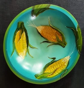 Vintage Turquoise Corn Maize Handpainted Wooden 12" Bowl Artist Signed - Picture 1 of 21