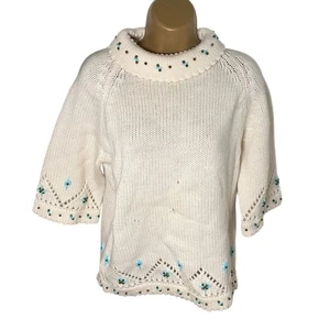 Vintage 60s Tarni Wool Knit Sweater Beaded Floral Eyelet Trim Cream 38 - Picture 1 of 5