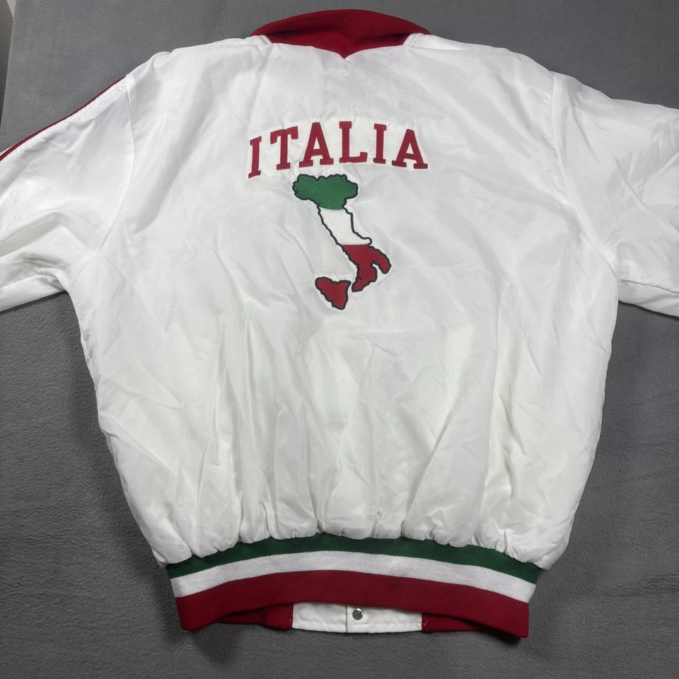 Vintage Italia Jacket Mens Large White Satin Bomber Snap Front Made in USA 90s - Image 1 of 4