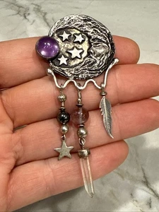 Vintage Stamped Sterling Celestial Moon w Dangling Crystals brooch & charm - Picture 1 of 9