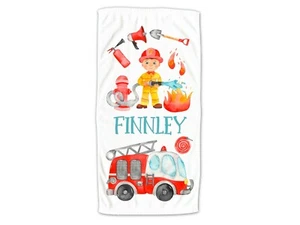Kinder Handtuch Feuerwehr Feuerwehrmann & Auto , personalisiert, Geschenk Junge - Bild 1 von 4