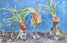 Kitchen Still Life of Onions in Glasses Oil Painting on Hardboard 16x24 inches