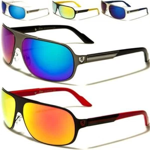 MENS OVERSIZED WRAP SUNGLASSES PILOT METAL BIG MIRRORED BLACK KHAN DESIGNER - Picture 1 of 7