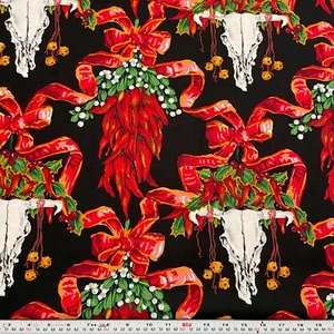 VTG Alexander Henry Christmas Peppers Skull Black Cotton Fabric Remnant 25 x 43 - Picture 1 of 3