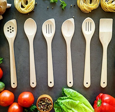 Wooden Spoons Set of 6 - Natural Wood Cooking Utensils Handmade From Solid Wood - Image 1 of 4