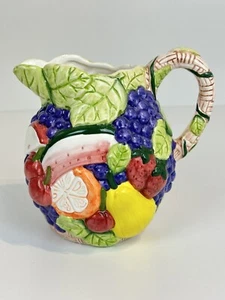 Vintage Ceramic Mix Fruit Pitcher Jug Late 20th Century Hand Painted 8.5x7.5" - Picture 1 of 17