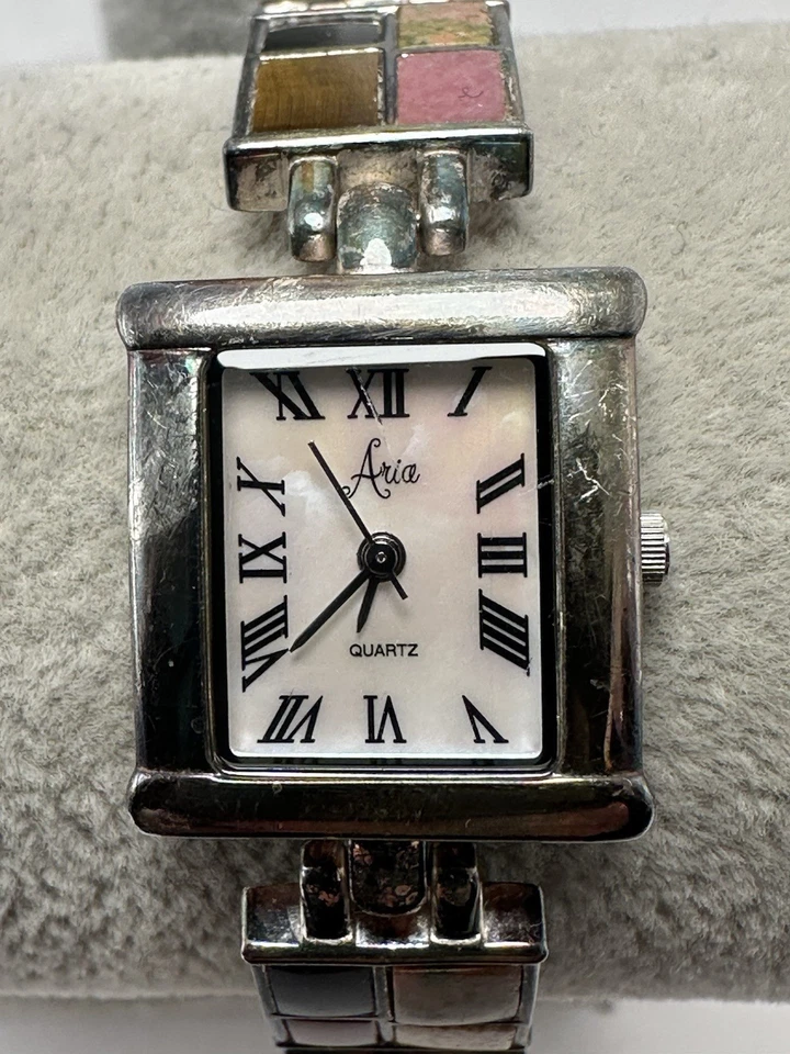 Reloj Aria de Plata Esterlina Damas MOP Batería Nueva 19MM 6.75" Incrustaciones de Piedra L25 Foto 1 de 4