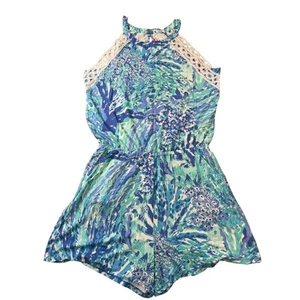 Lilly Pulitzer Lala Romper Medium Blue Green White Lace Trim Sleeveless Floral - Picture 1 of 12