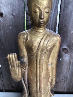 Антикварный тайский деревянный Будда с стопорной рукой 17/18 с официальной печатью - Изображение 1 из 4