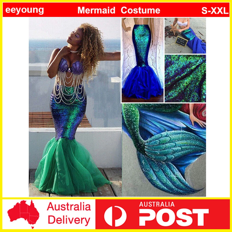 Women Mermaid Cosplay Half-body Costume Dress Fishtail Sequin Maxi Skirt Party - Image 1 of 4