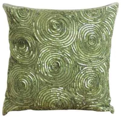 Sofa Pillow Cover Green 16"x16", Square Silk Circles & Dots - A Touch Of Envy - Image 1 of 3