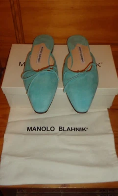 MANOLO BLAHNIK 蓝色麂皮绒复古“BALLERIMU”MULES 全新带标签 38 1/2 — 第 1/4 张图片