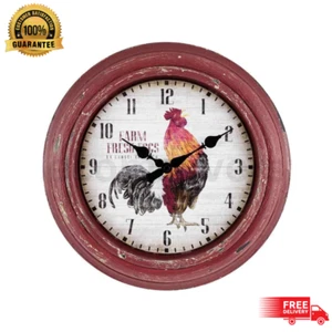 12" Round Distressed Red Rooster Quartz Analog Wall Clock Rustic Farmhouse Style - Picture 1 of 5