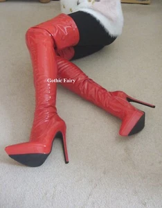 NEW red glossy skinny soft patent PU over knee thigh boots - size UK 5 / EU 38 - Picture 1 of 11