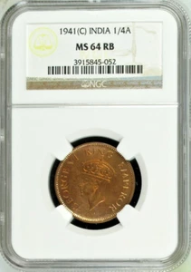 British India 1941(C) 1/4 Anna NGC MS 64 RB Certified - Picture 1 of 2