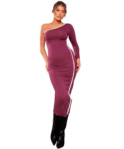 Pretty Little Thing Midaxi Dress Burgundy Cotton One Shoulder Women’s UK Size 8 - Picture 1 of 5
