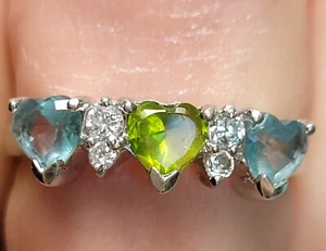 CZ Peridot Amethyst Heart Shaped Stones 925 Silver Ring - Picture 1 of 7