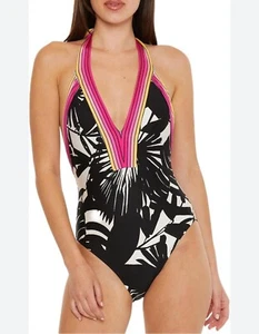 Trina Turk Women’s 8 Lennox Plunge One Piece Halter V-Neck Swimsuit Palm Print - Picture 1 of 4