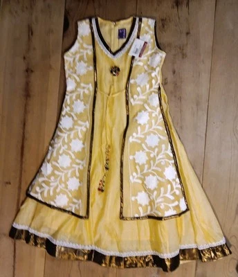 Authentic Indian Girls 34 ( 8-10 ) Frock Dress Fancy Embroidered Yellow Lace NWT - Image 1 of 4