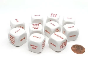 Pack of 10 20mm Math Word Dice 6 Function, Spanish Español Dice - White with Red - Picture 1 of 2