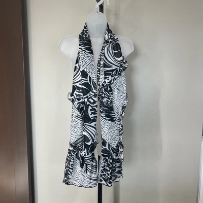 Chico's Scarf Shawl Wrap Multi-Color  70”x11” Ruffle Black White Stripe Dot - Image 1 of 3