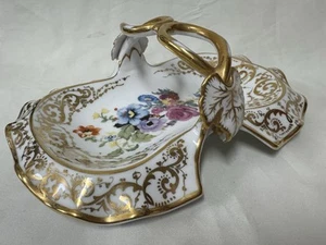 Handled & Divided 'Old Paris Porcelain Style' 9.5" Floral TRAY w/Gold Filigree - Picture 1 of 12