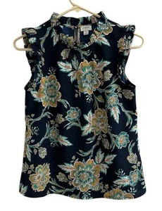 J. Crew Floral Ruffle Trim Top Womens Size XS Navy Blue Sleeveless Boho - Bild 1 von 6