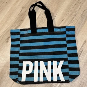 VICTORIA'S SECRET PINK Large Blue Black Striped Canvas Tote/Book Bag - Picture 1 of 11
