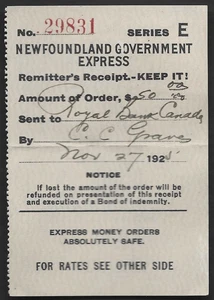 1925 Newfoundland Government Express Money Order Receipt - Picture 1 of 2