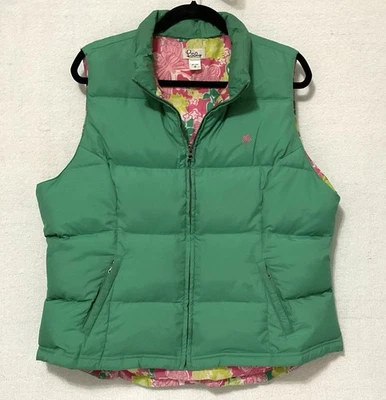 Lilly Pulitzer Green Puffer Vest DUCK DOWN Green Pink Floral Lining Sz L / XL? - Image 1 of 4