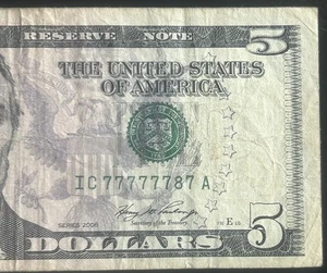 (NEAR SOLID!)$5 Binary Near Solid 7 Of A Kind 7s Fancy Serial Number IC77777787A - Picture 1 of 3