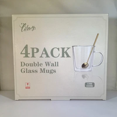 Tazas de café de vidrio de doble pared LIBWYS 12 oz paquete de 4 con cucharas doradas transparentes 350 ml NUEVO Foto 1 de 4