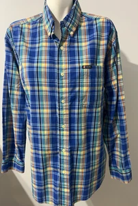 Chaps Men's Medium Blue Yellow Plaid Button Down Shirt Long Sleeve - Picture 1 of 5