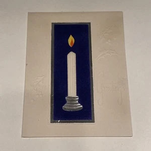 Vintage 1940s Candlestick Blue Velvet Front Season's Greetings Card Embossed - Picture 1 of 8